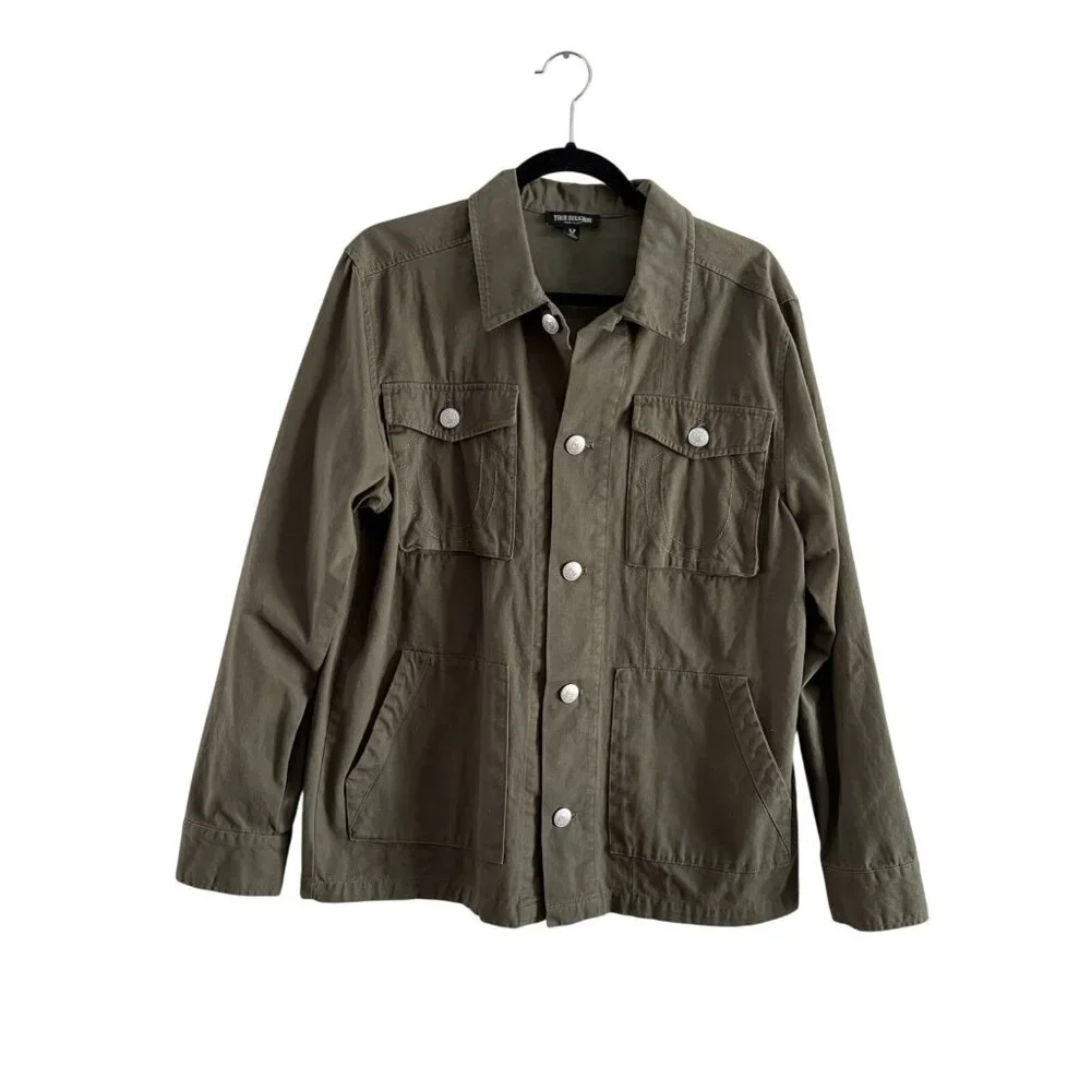 True Religion Men S Olive Green Casual Button Front Buddha Logo Military Jacket